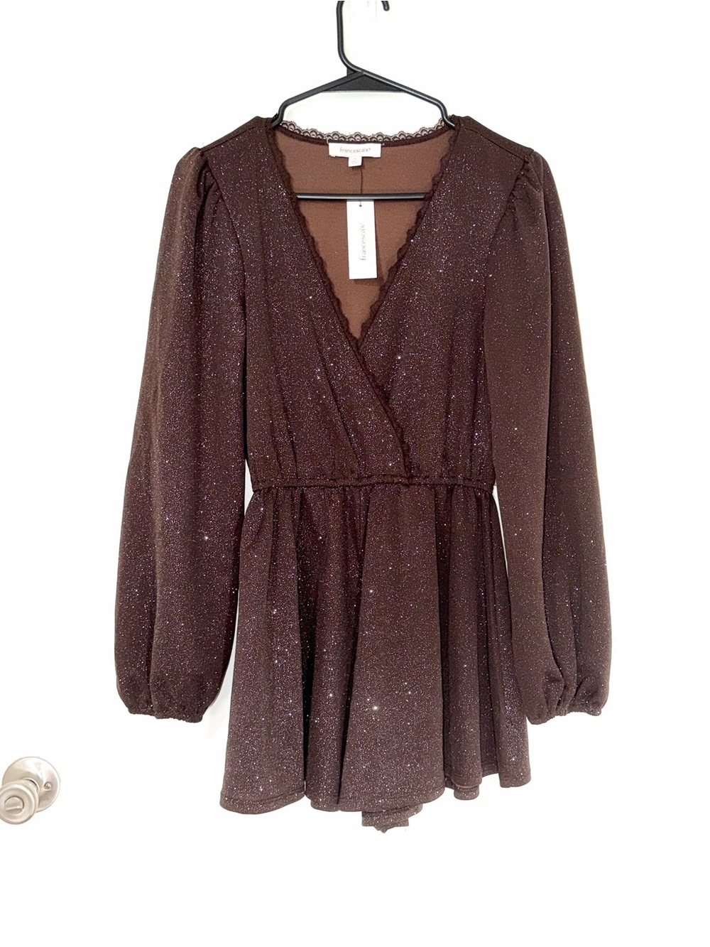 Espresso Brown Vintage Core Sparkle Romper V-Neck Coquette Glitter Size Small